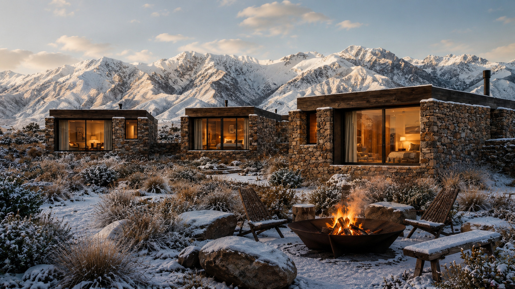 Lodges de piedra con la cordillera nevada de La Carrera al fondo