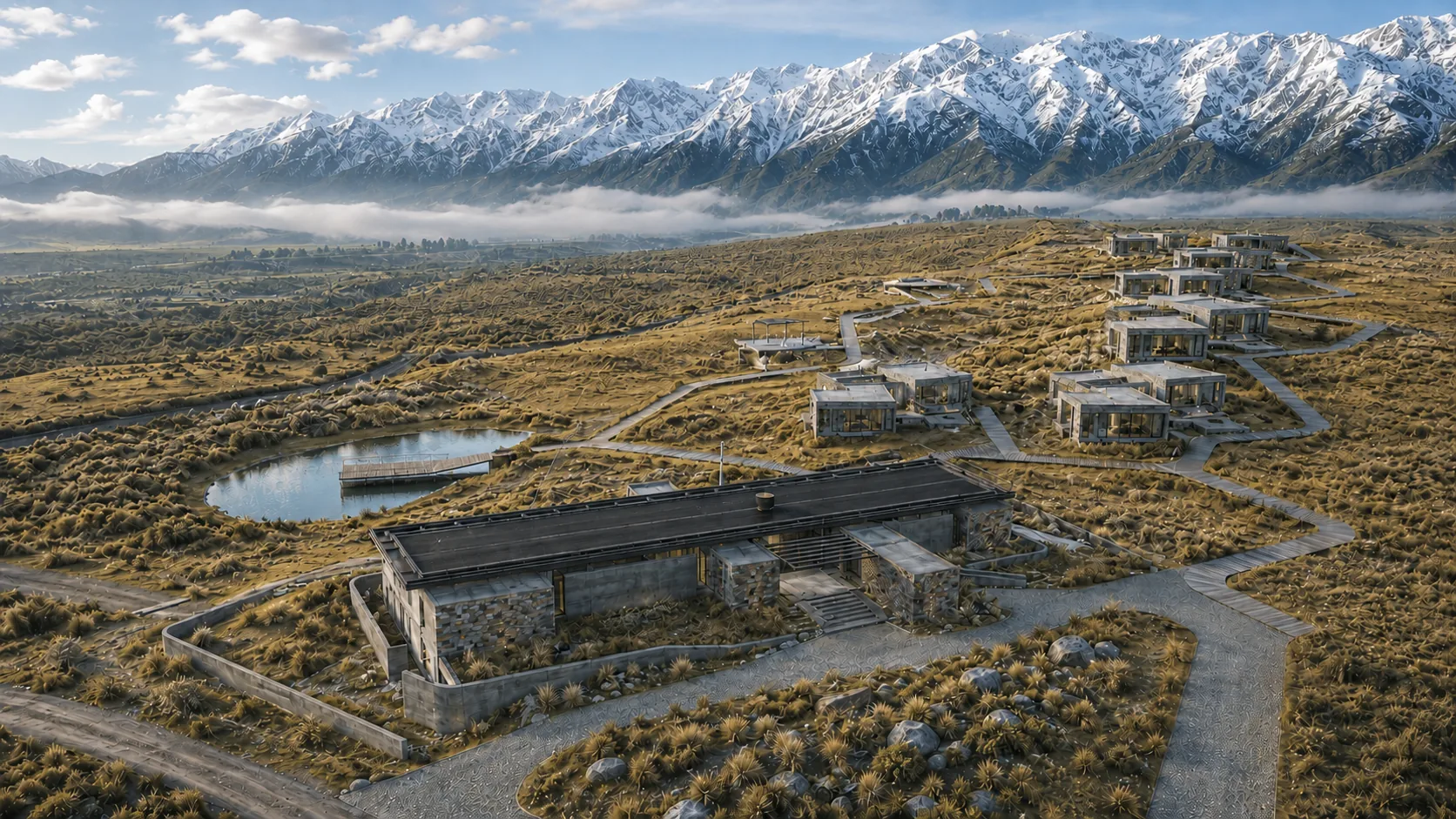 Render aéreo del masterplan de Tayén integrado al paisaje
