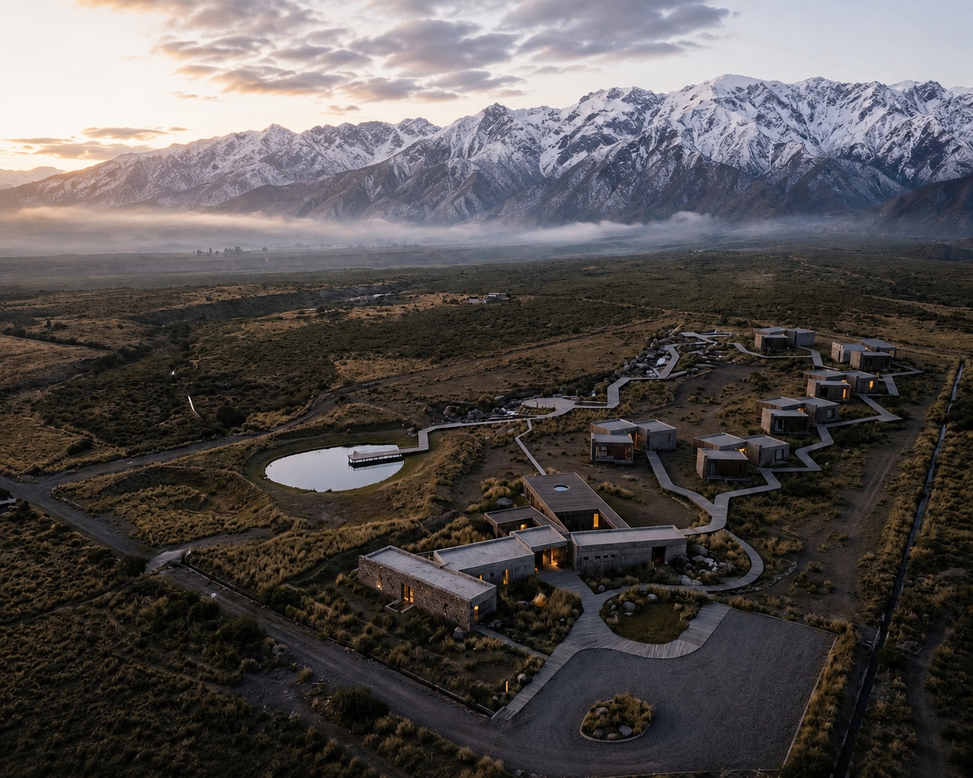 Vista aérea del valle con cordillera nevada al amanecer